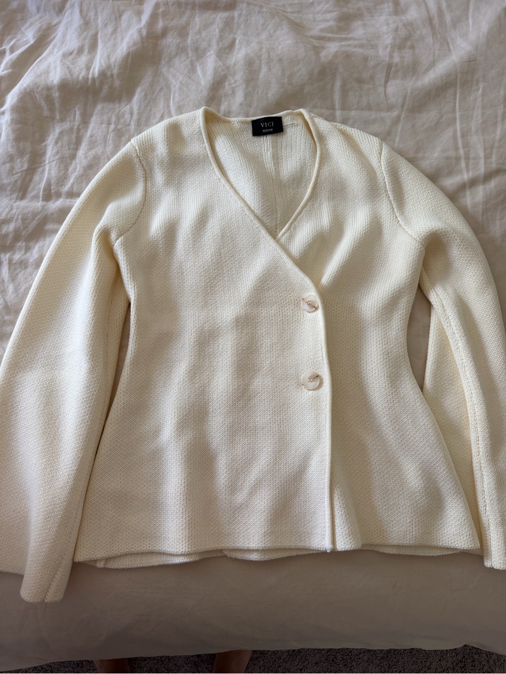 VICI Cream V-Neck Textured Two-Button Sweater